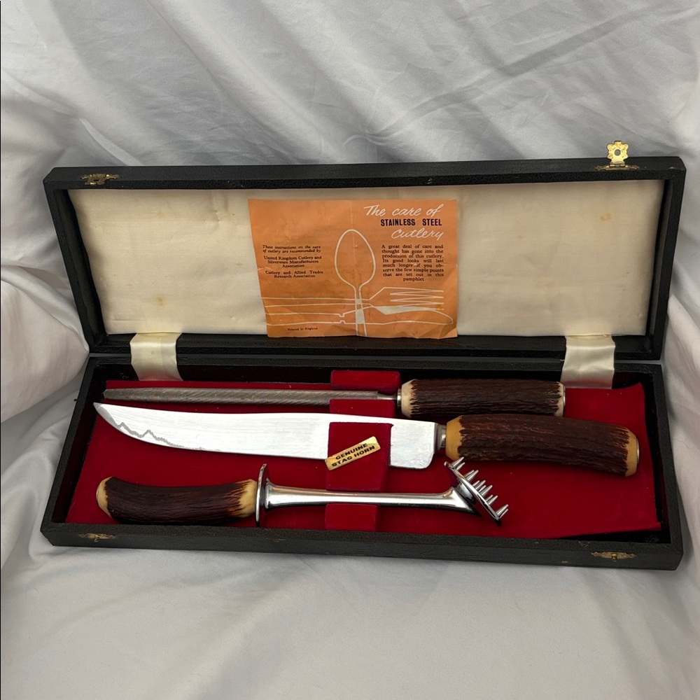 Vintage George Butler & Co Genuine Stag Horn 3-Piece Cutlery Set & Original Case